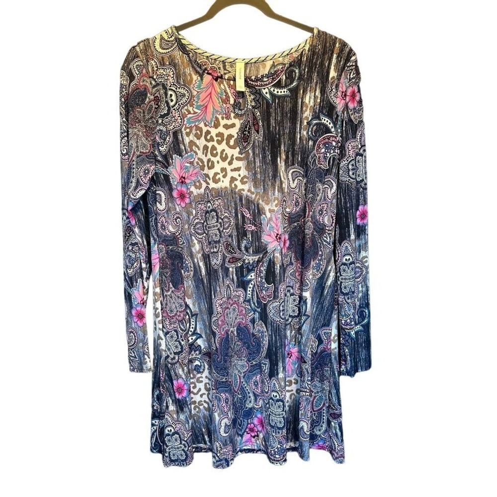 Honey Me Women's Small Purple Pink Paisley Cheetah Print Long Sleeve Tunic Dress